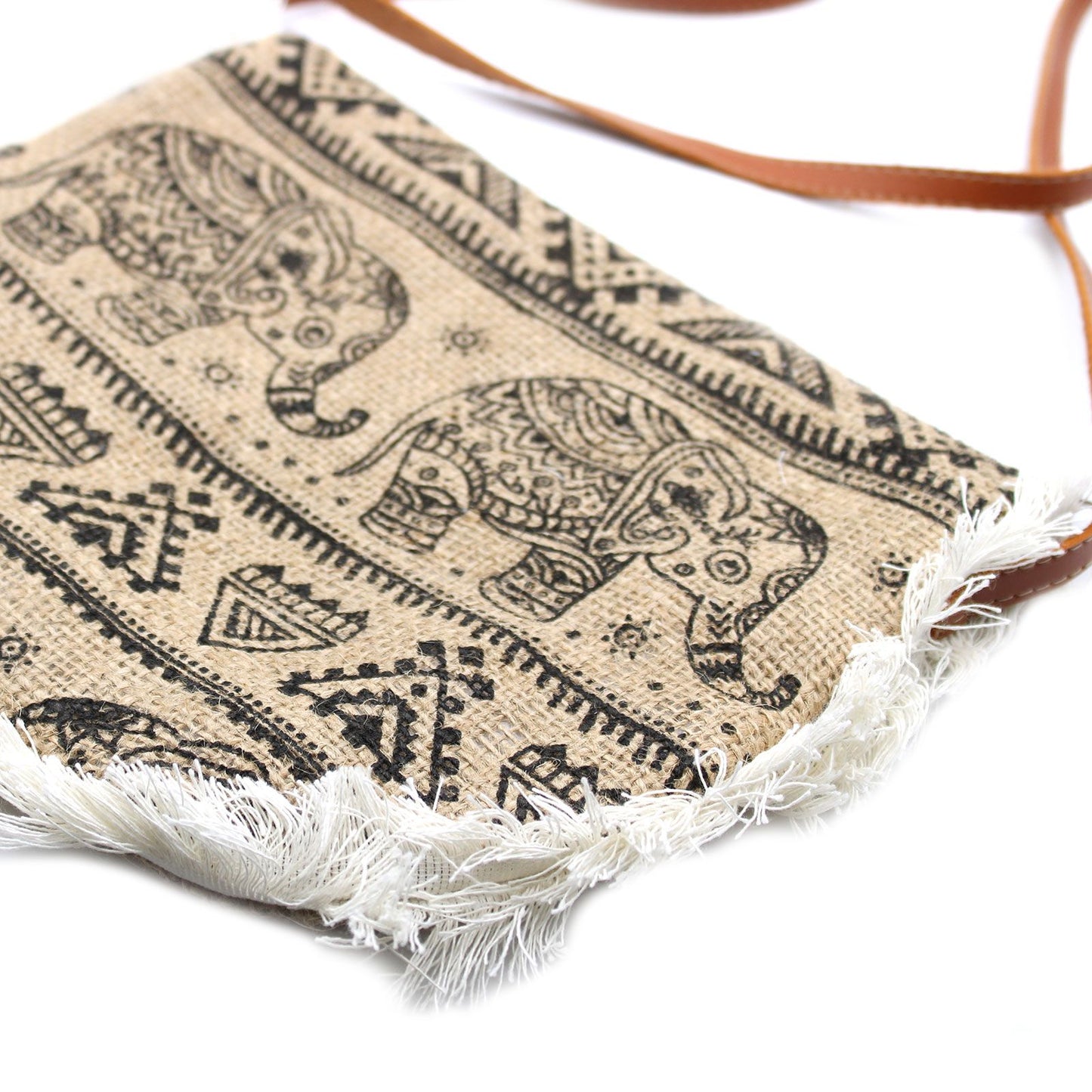 Jute-Fransentasche mit handgesticktem Elefanten-Motiv