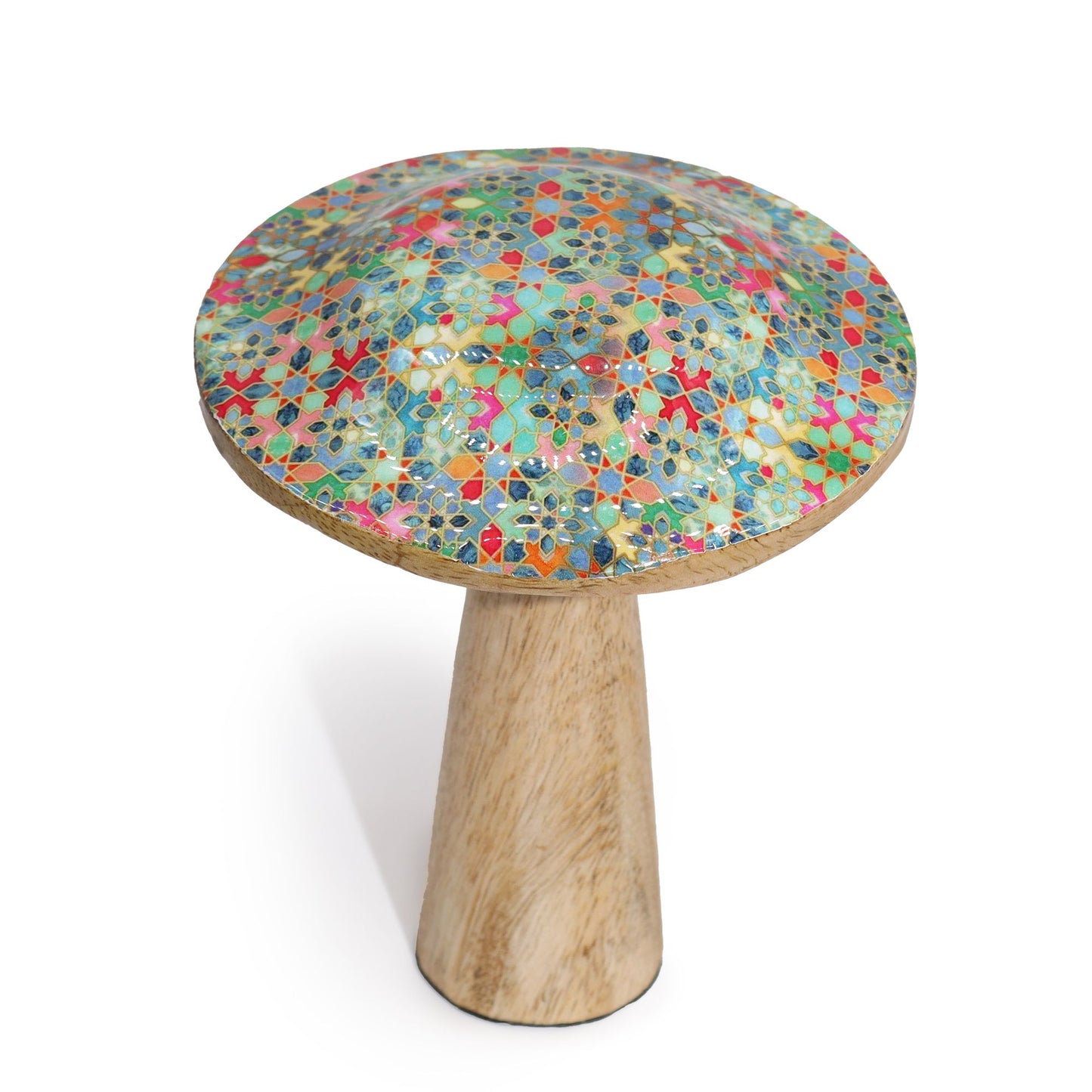 Dekopilz aus Mangoholz - Mediterranes Fliesenmuster in Azurblau & Terrakotta - 15 cm