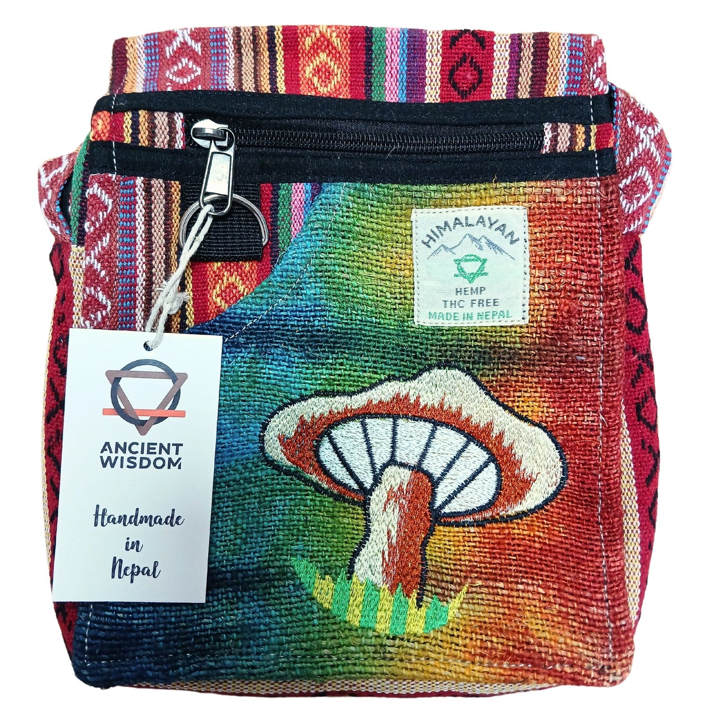 Schultertasche mit Pilz-Stickerei in Orange - Hanf-Baumwolle-Mix aus Nepal