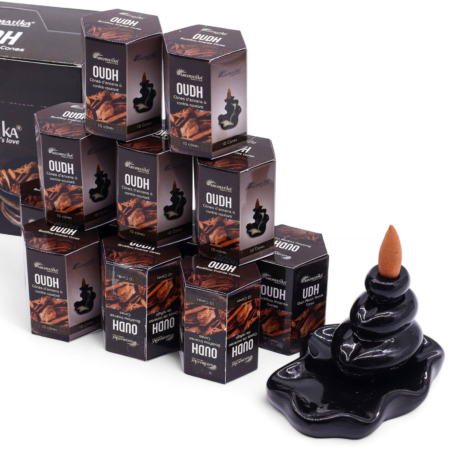 Masala Rückfluss-Räucherkegel Oudh - 10 Stück mit hypnotischem Rauchfluss