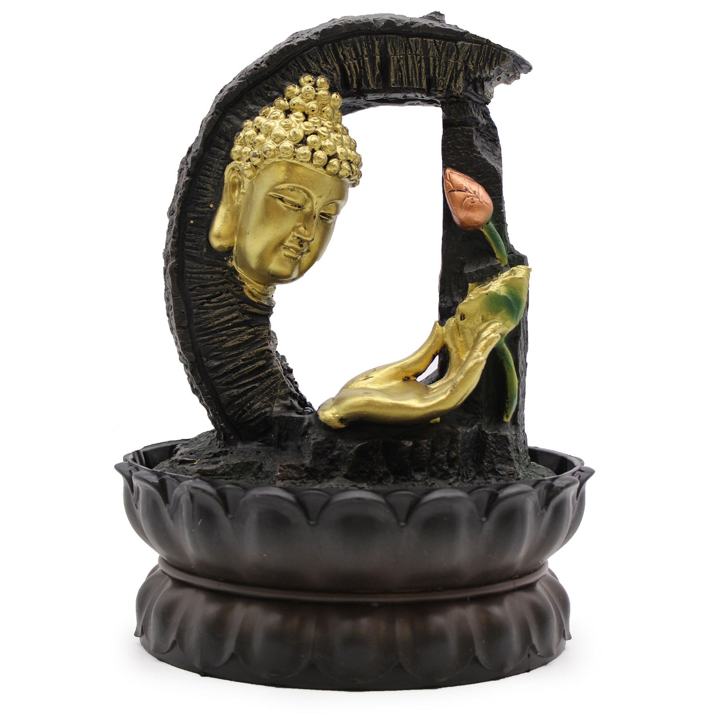 Goldener Buddha Lotus Tischbrunnen mit LED - 30 cm Feng Shui Wasserspiel