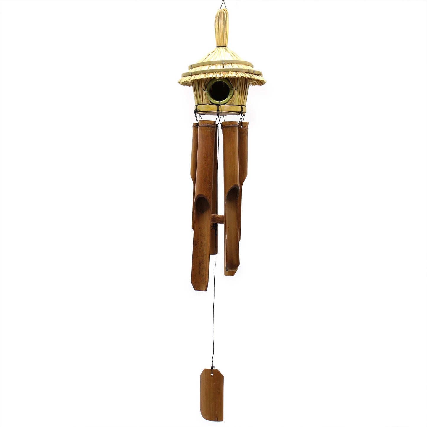 Handgefertigtes Vogelhaus aus Seegras mit Bambus-Windspiel – Natürliche Gartendekoration