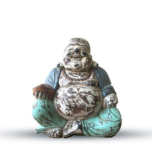 Happy Buddha Statue in Vintage Blau-Mint - 30 cm - Handgeschnitzt aus Suar-Holz
