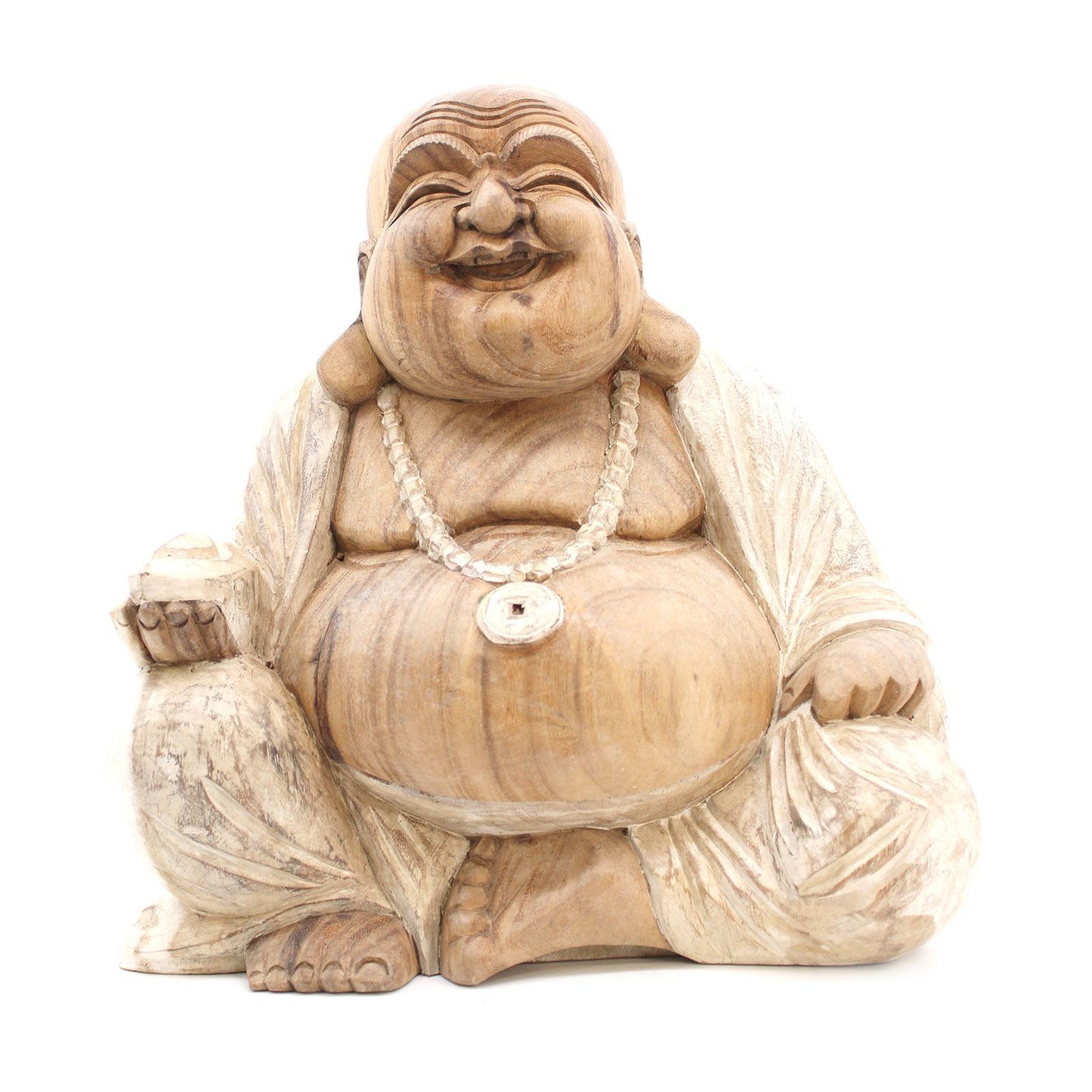Glücks-Buddha Statue 40 cm – Handgeschnitzt aus Suarholz mit Weißton-Patina