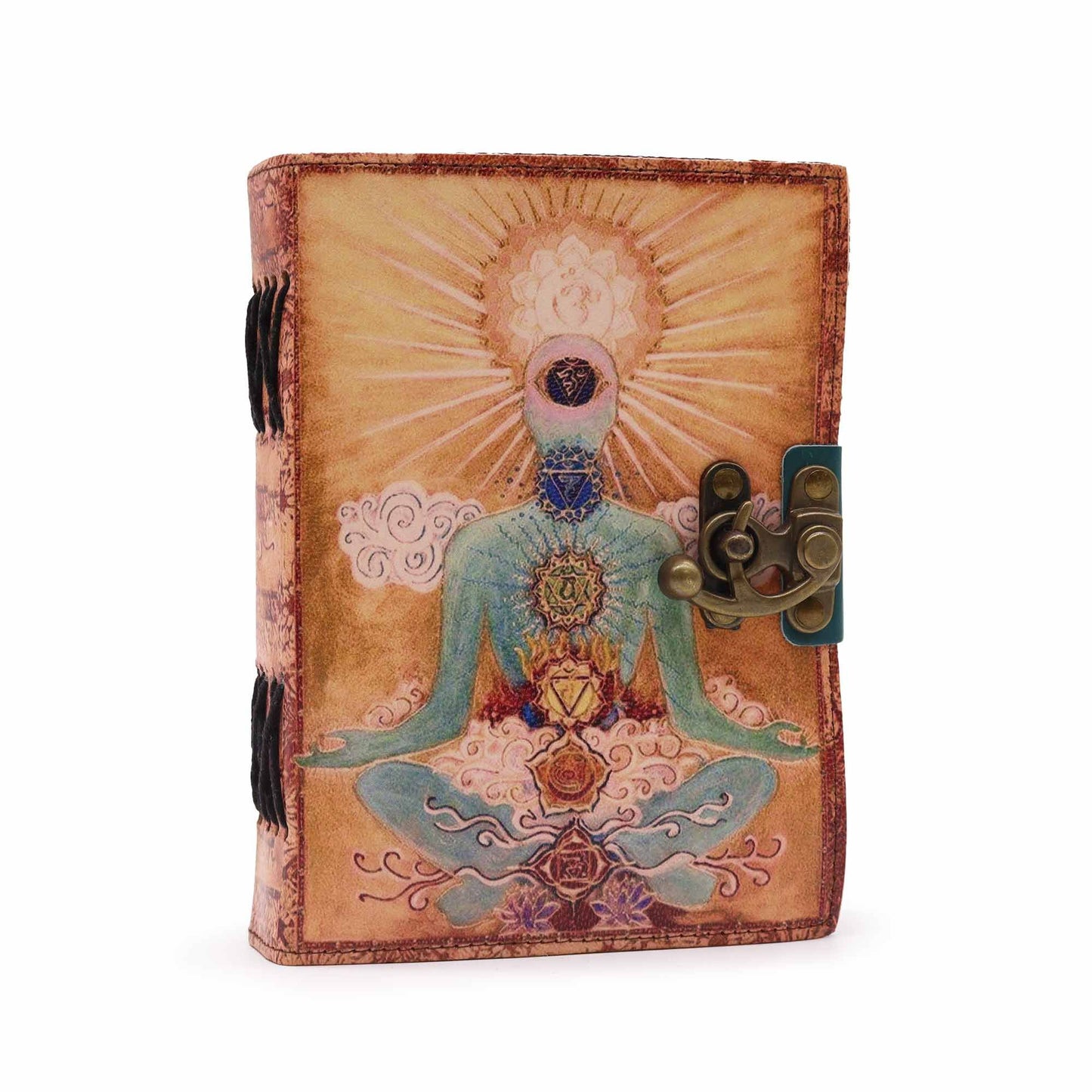 Handgefertigtes Notizbuch mit Chakren-Design aus Leder, 12,5x17,5 cm