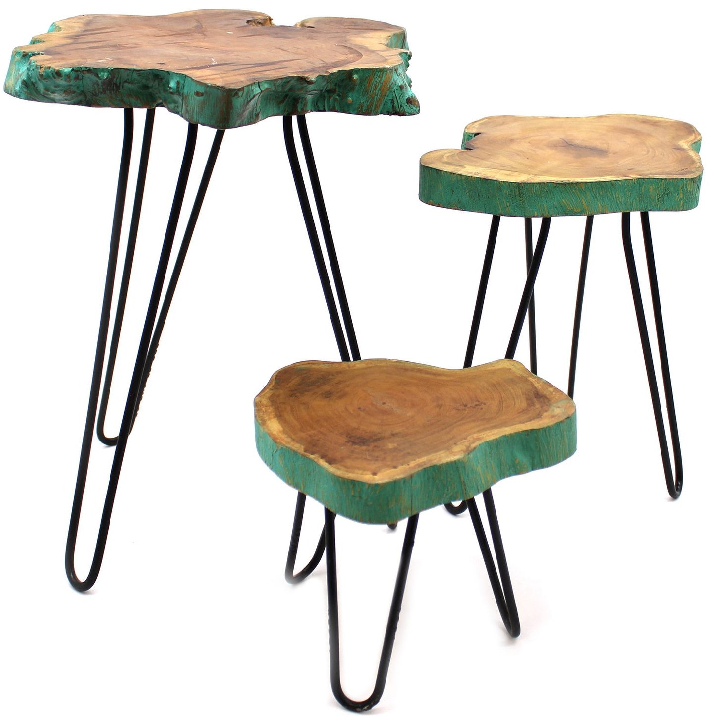 Set aus 3 Pflanzenständern aus Gamal-Holz mit Haarnadelbeinen - Grünlasur