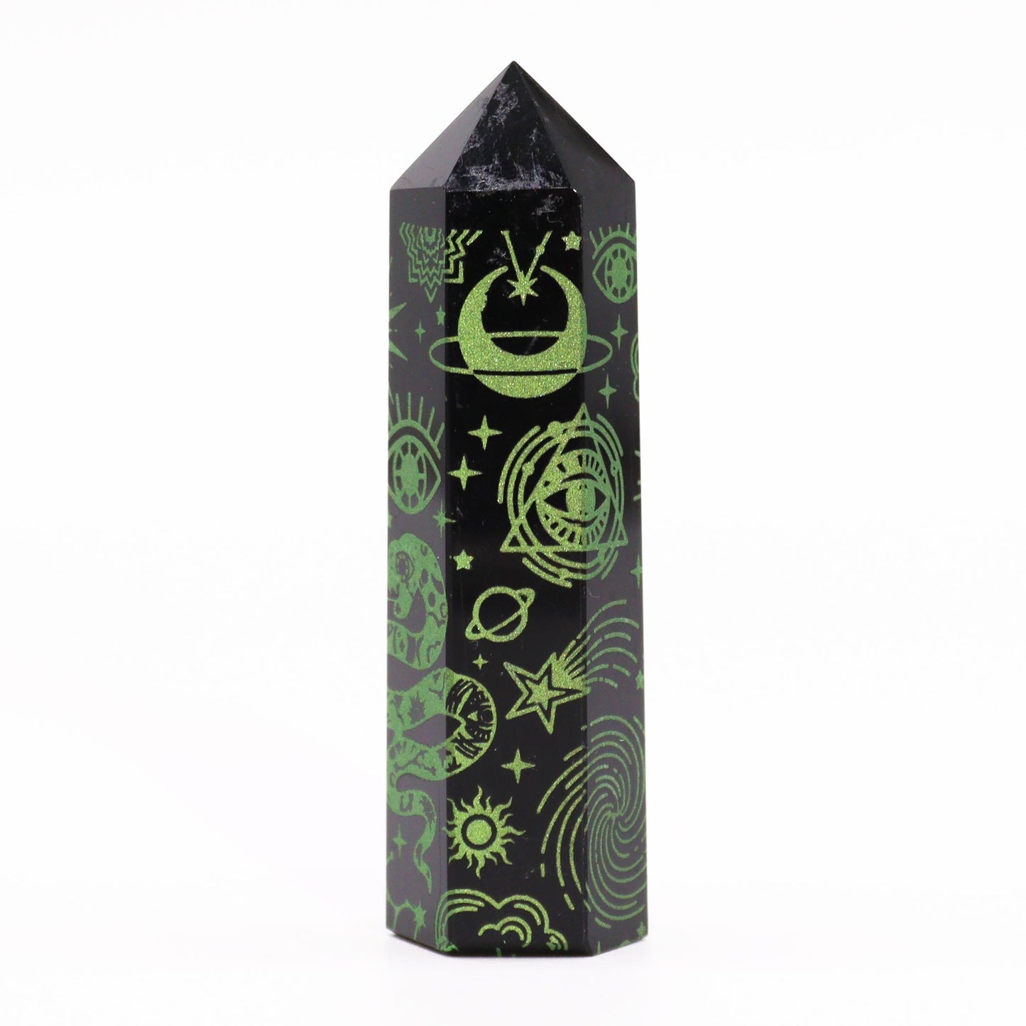Obsidian-Obelisk 'Forest Green' mit Mond- und Sternengravur – Mystic Story