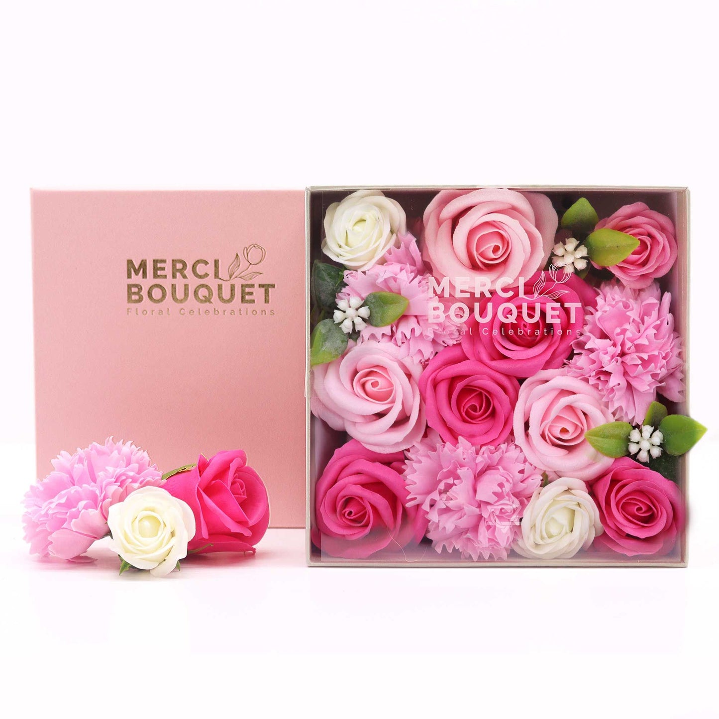 Seifenblumen Geschenkbox 'Baby-Segen' in Zartrosa – Quadratische Präsentation