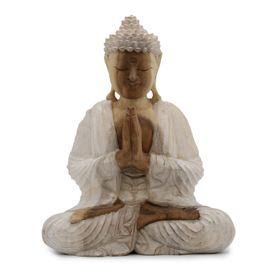 Handgeschnitzte Buddha Statue in Weiß - 30 cm aus Suarholz