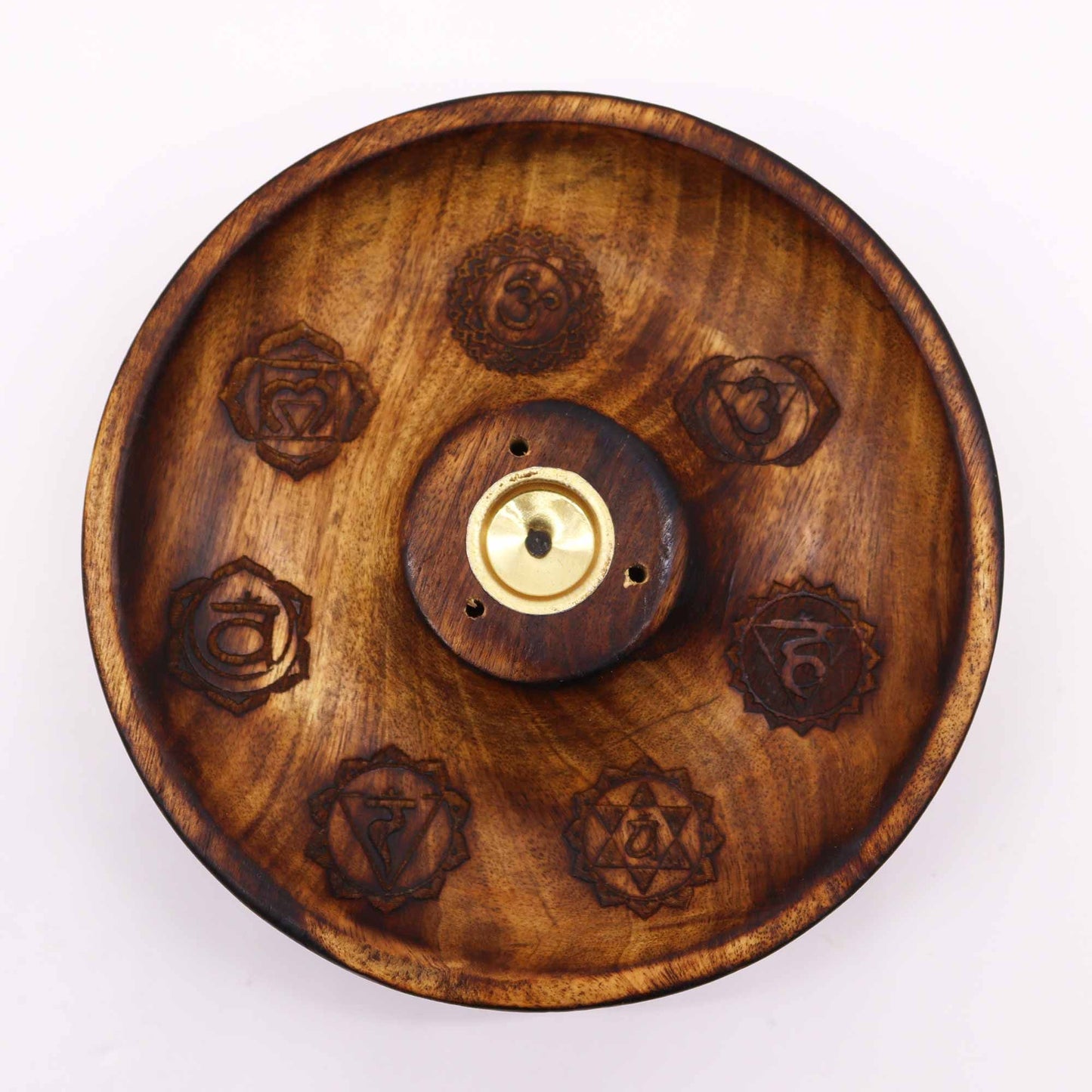 Räucherhalter aus Mangoholz mit 7-Chakra-Gravur – Für Stäbchen & Kegel