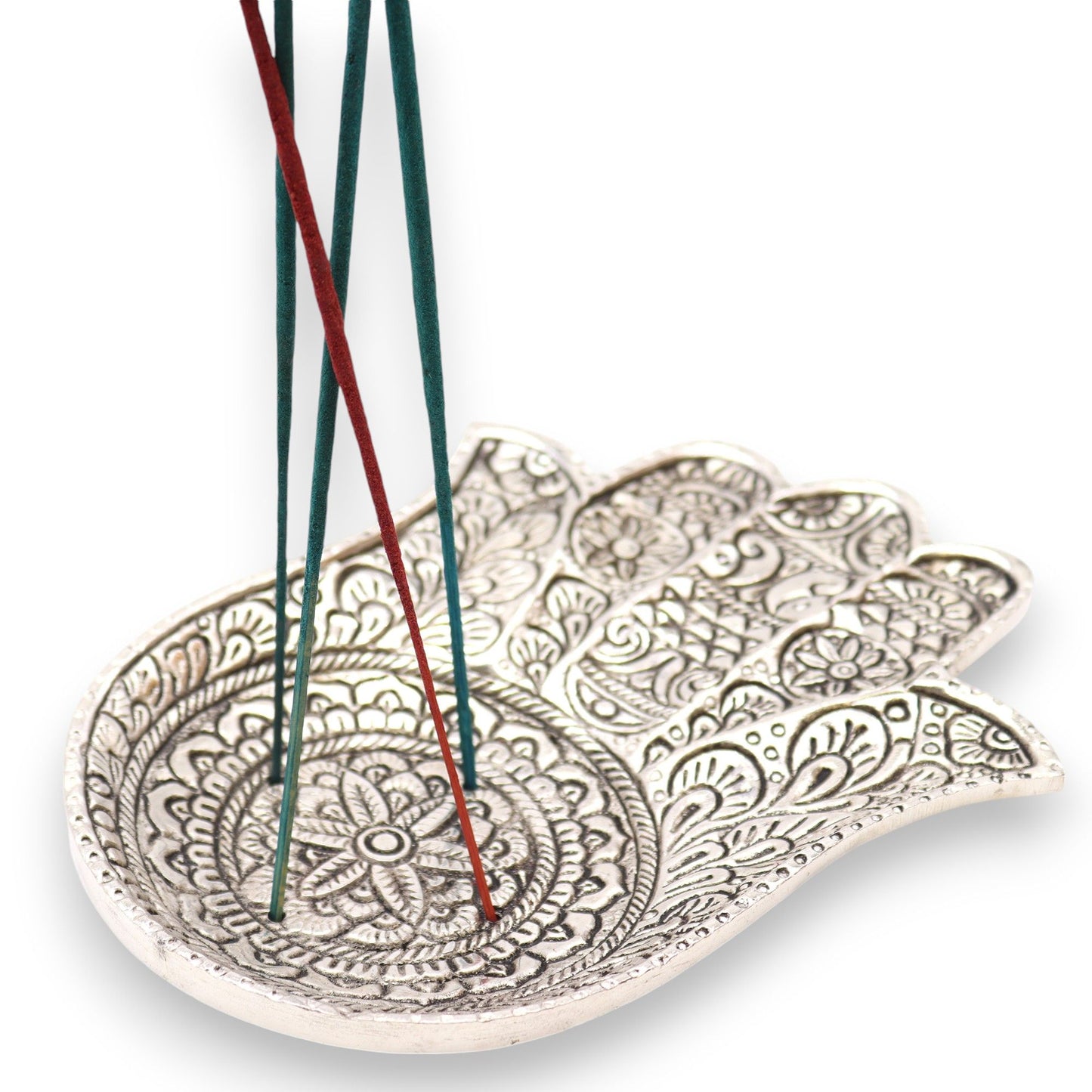 Hamsa Räucherstäbchenhalter aus poliertem Aluminium – 18 x 13 cm