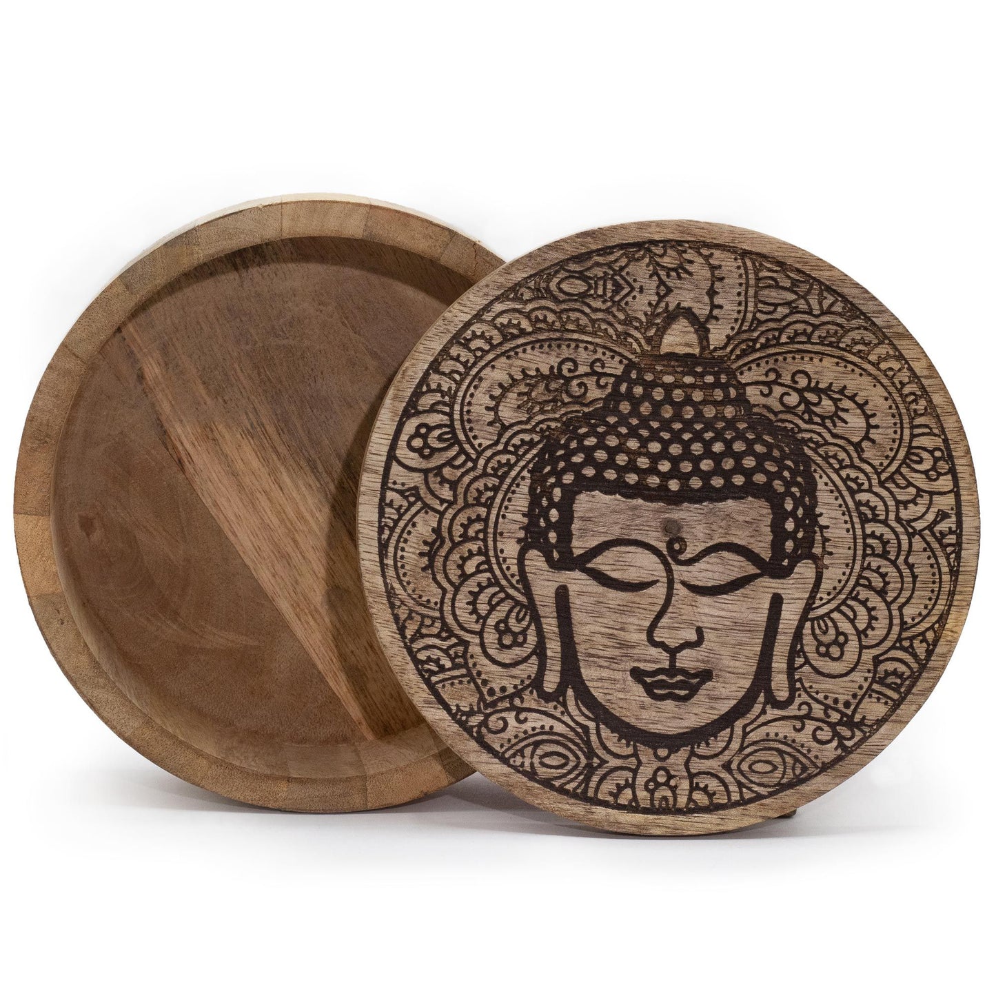 Rundbox aus Mangoholz mit Buddha-Gravur - 17,5 cm Durchmesser, schwarz