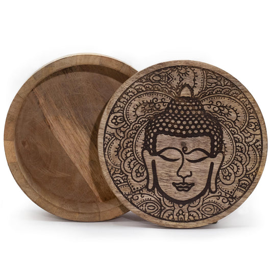 Rundbox aus Mangoholz mit Buddha-Gravur - 17,5 cm Durchmesser, schwarz