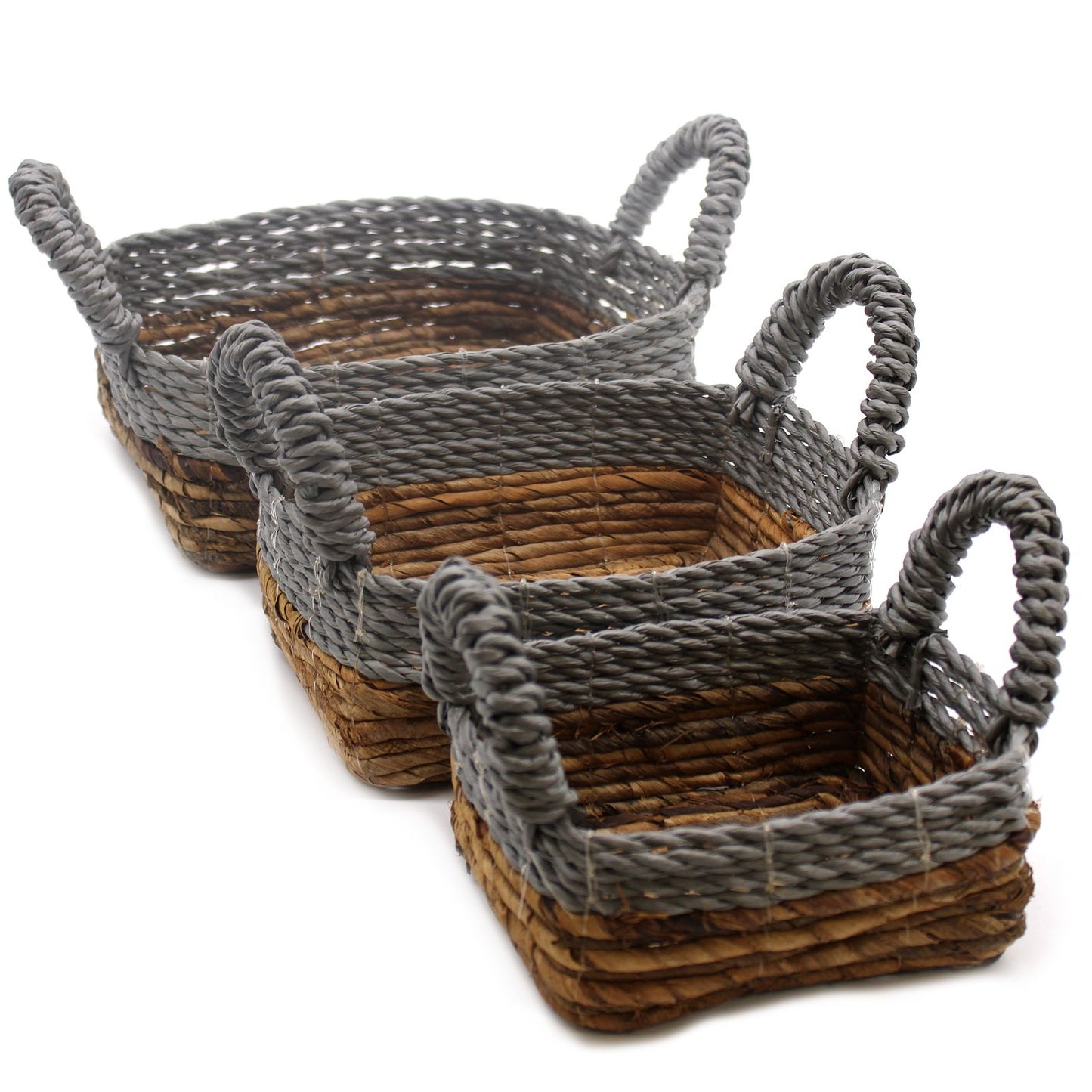 Set aus 3 quadratischen Körben aus Bananenblatt & Raffia – Handgeflochten, 27x21x18 cm