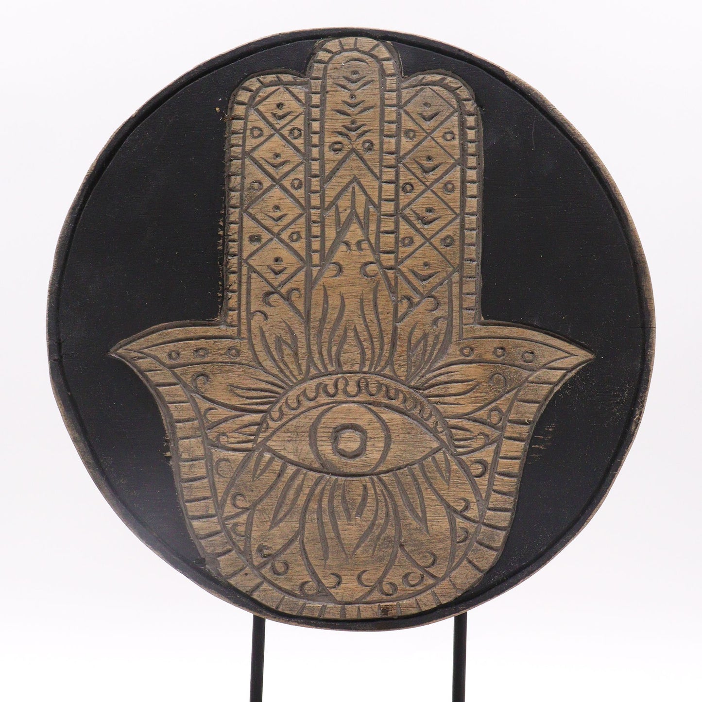 Feng Shui Set Buddha & Hamsa in Grau – Handgeschnitztes Holz-Dekor