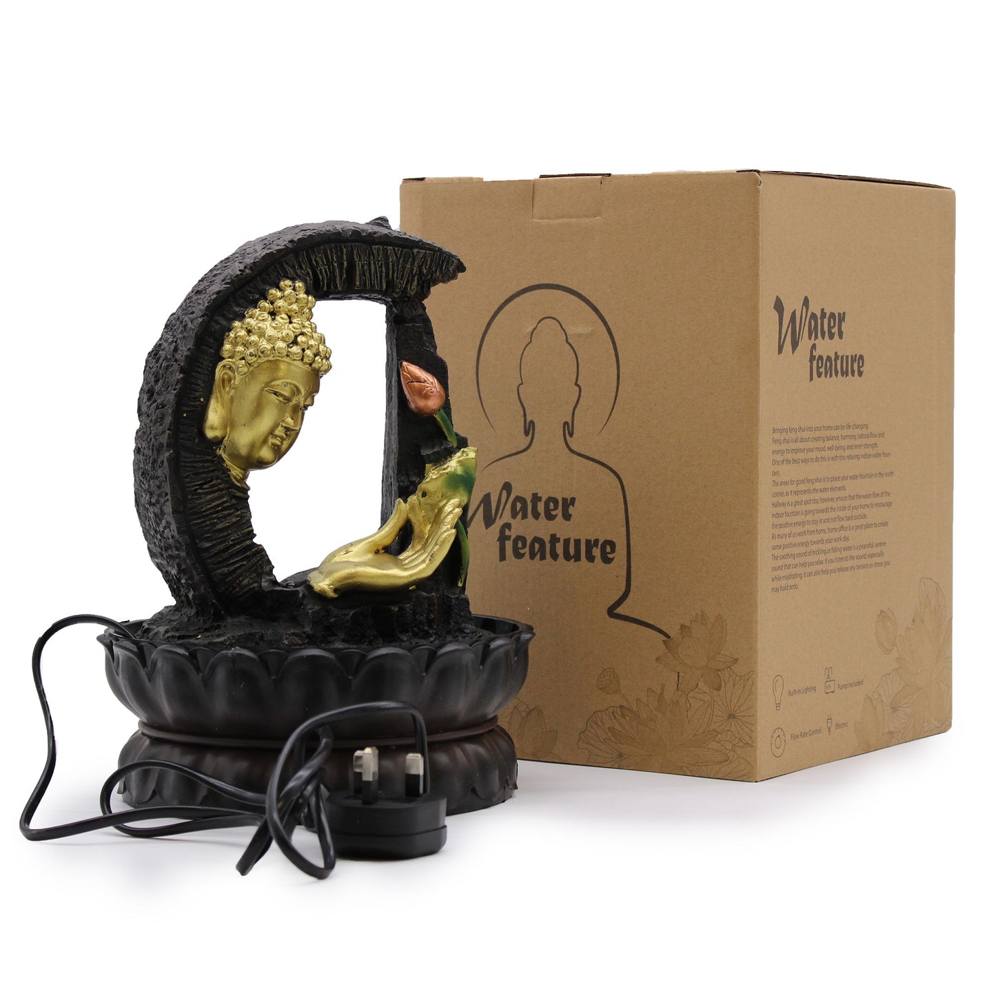 Goldener Buddha Lotus Tischbrunnen mit LED - 30 cm Feng Shui Wasserspiel