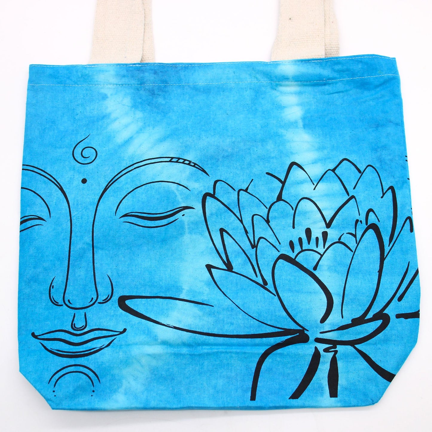 Batik Baumwolltasche 'Lotus Buddha' in Blau – Handgefertigtes Unikat mit Naturhenkel