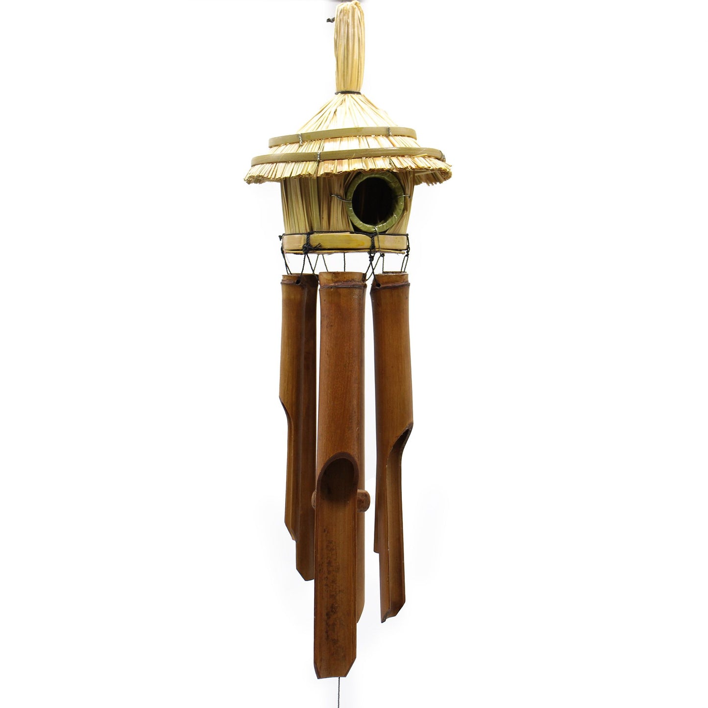 Handgefertigtes Vogelhaus aus Seegras mit Bambus-Windspiel – Natürliche Gartendekoration