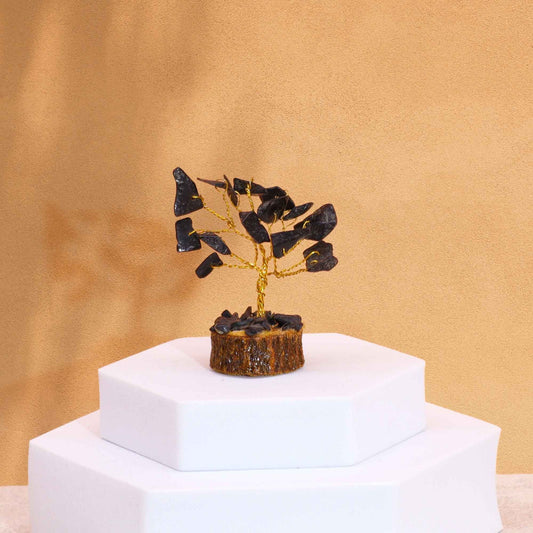 Mini-Edelsteinbaum aus schwarzem Achat auf Holz - Handgefertigte Tischdekoration