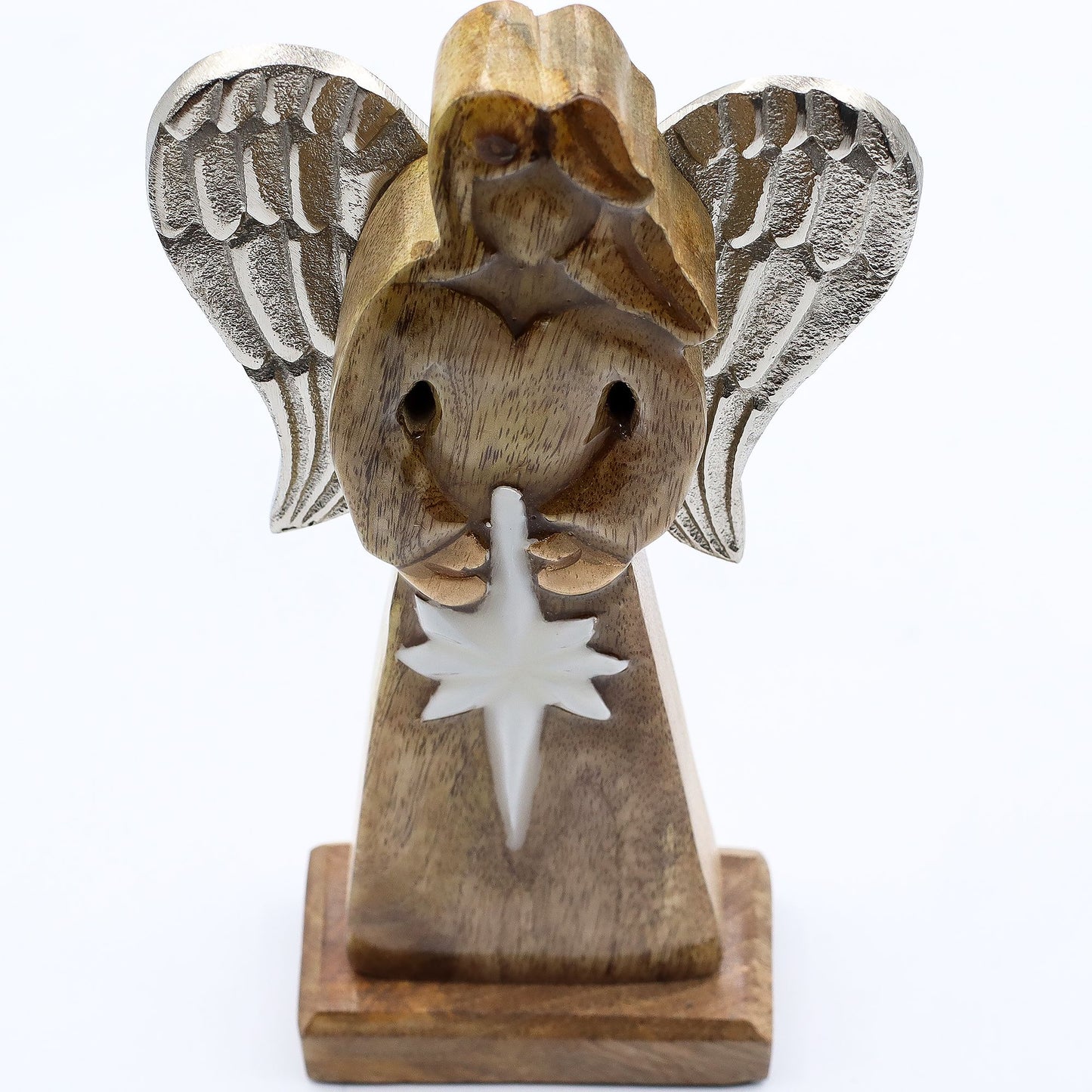 Friedensengel aus Mango-Holz mit Metallflügeln und Emaille-Stern