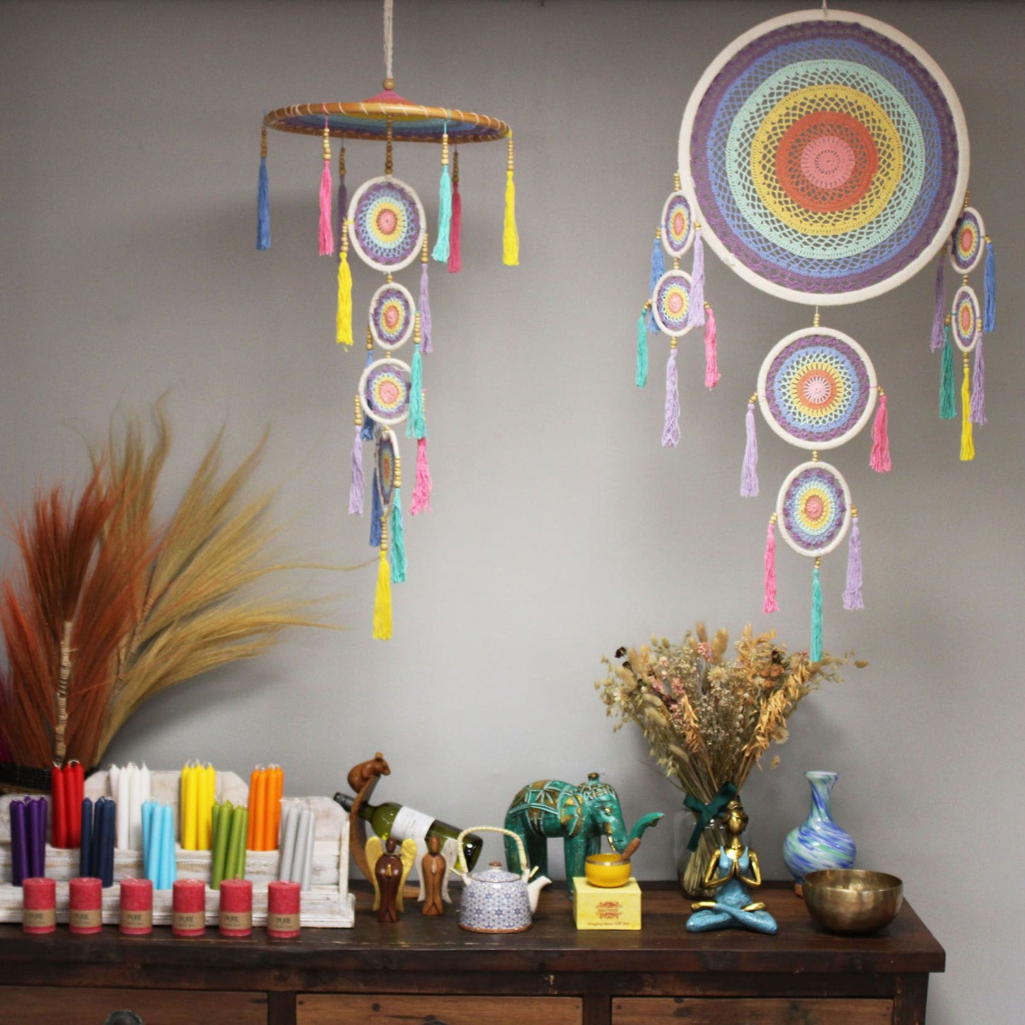 Großer Traumfänger 'Bali Spirit' 120cm - Pastellregenbogen, handgefertigt