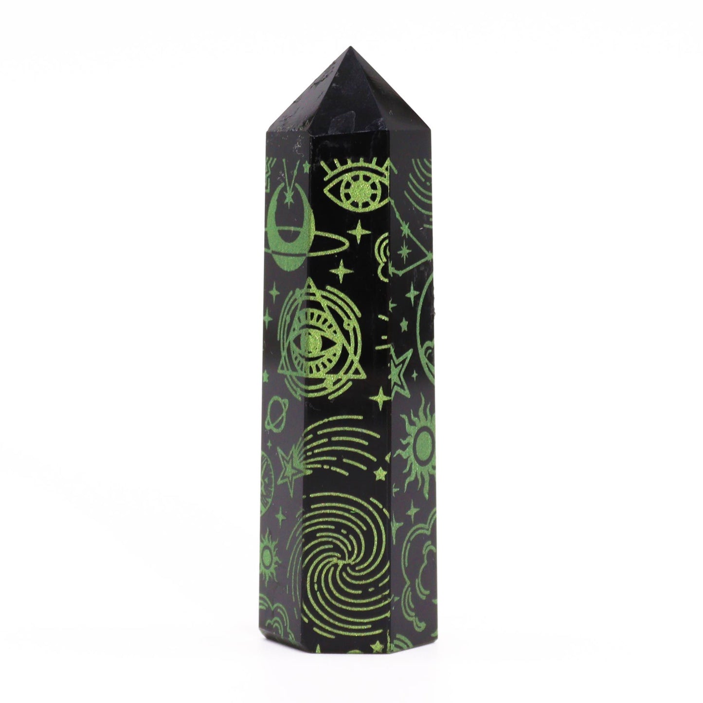 Obsidian-Obelisk 'Forest Green' mit Mond- und Sternengravur – Mystic Story