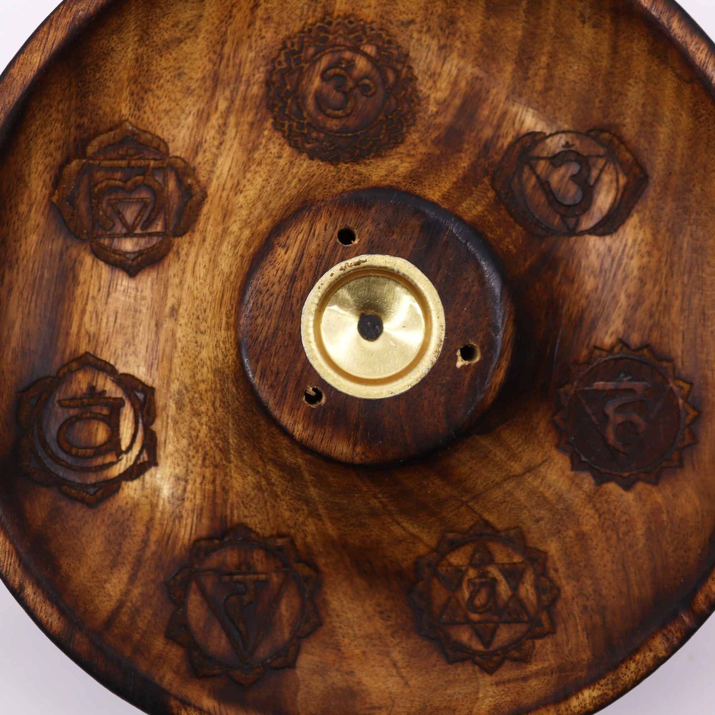 Räucherhalter aus Mangoholz mit 7-Chakra-Gravur – Für Stäbchen & Kegel