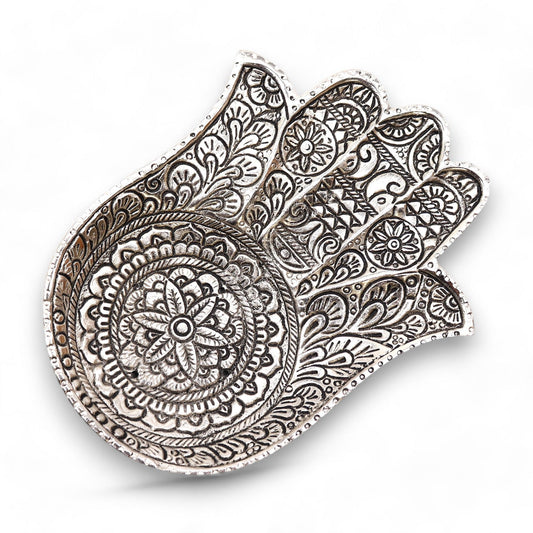 Hamsa Räucherstäbchenhalter aus poliertem Aluminium – 18 x 13 cm