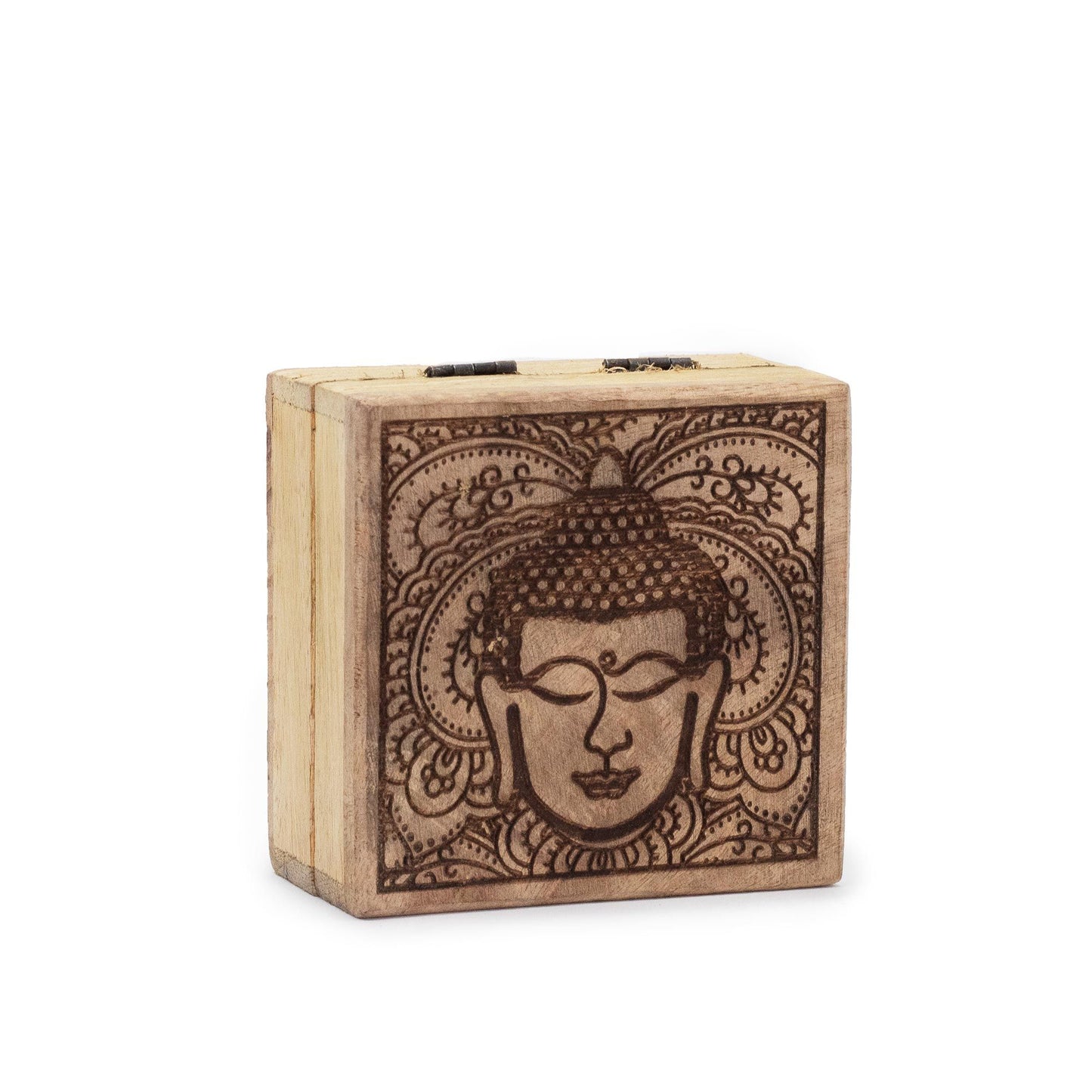 Aufbewahrungsbox aus Mangoholz mit Buddha-Gravur - 10x10x4,2 cm in Schwarz