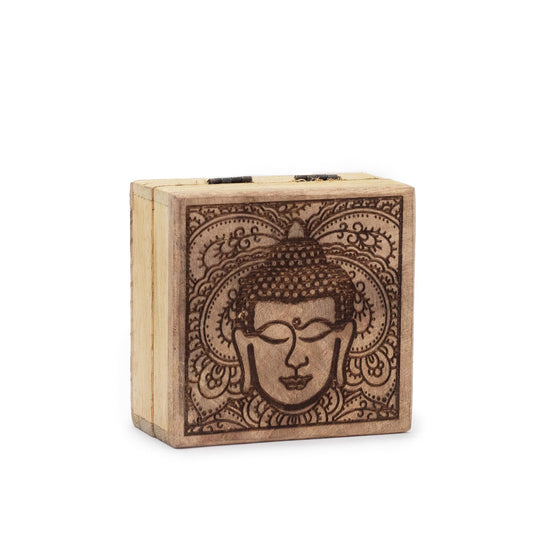 Aufbewahrungsbox aus Mangoholz mit Buddha-Gravur - 10x10x4,2 cm in Schwarz