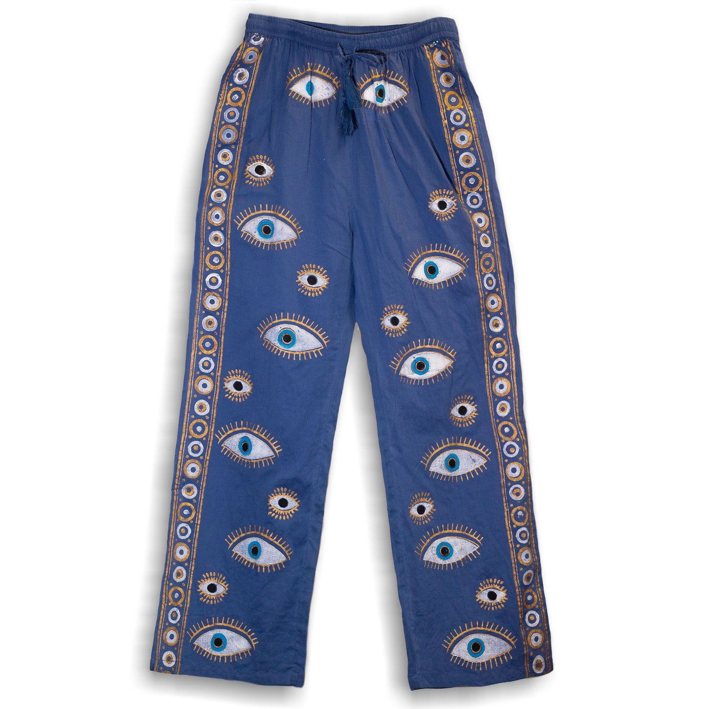 Loungehose mit Schutzauge-Motiv – Handbemalt in Tiefblau und Gold