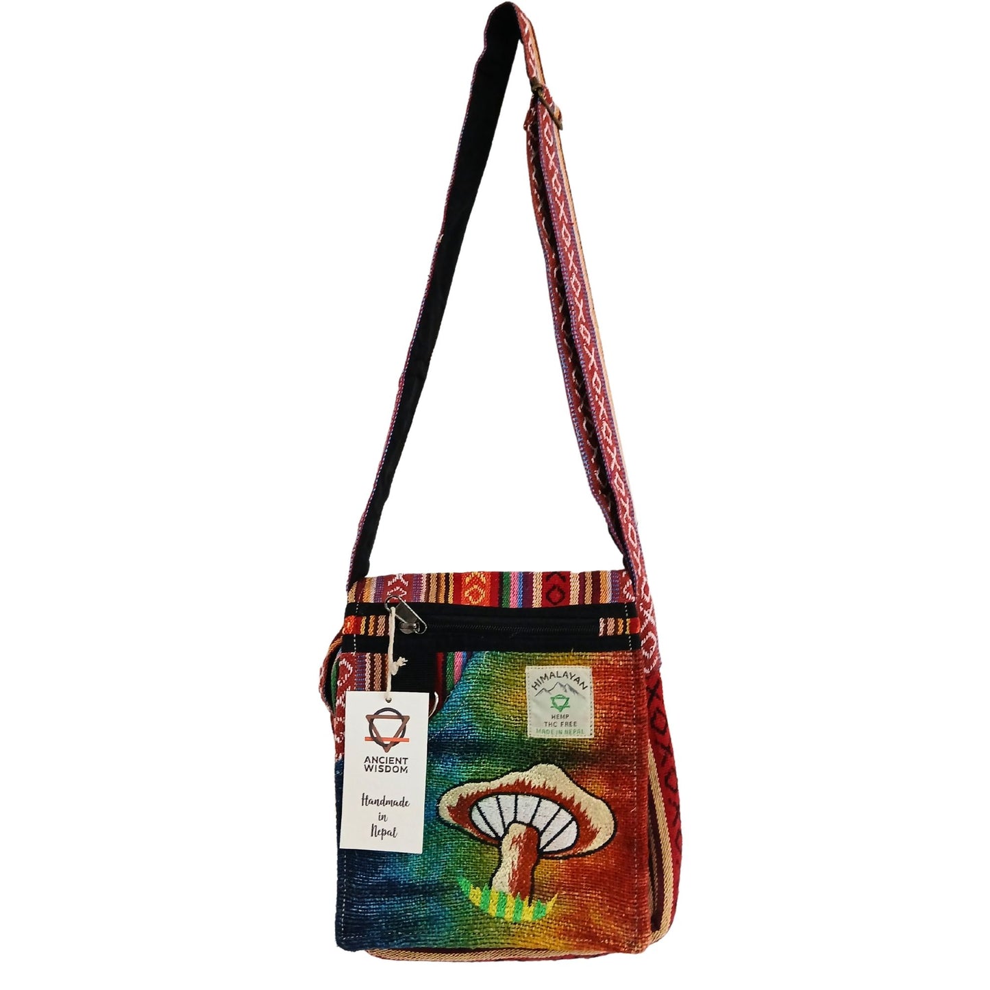 Schultertasche mit Pilz-Stickerei in Orange - Hanf-Baumwolle-Mix aus Nepal
