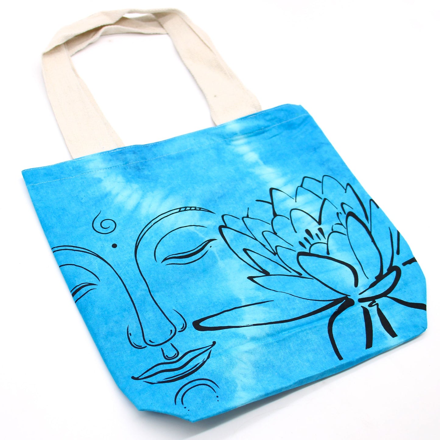 Batik Baumwolltasche 'Lotus Buddha' in Blau – Handgefertigtes Unikat mit Naturhenkel