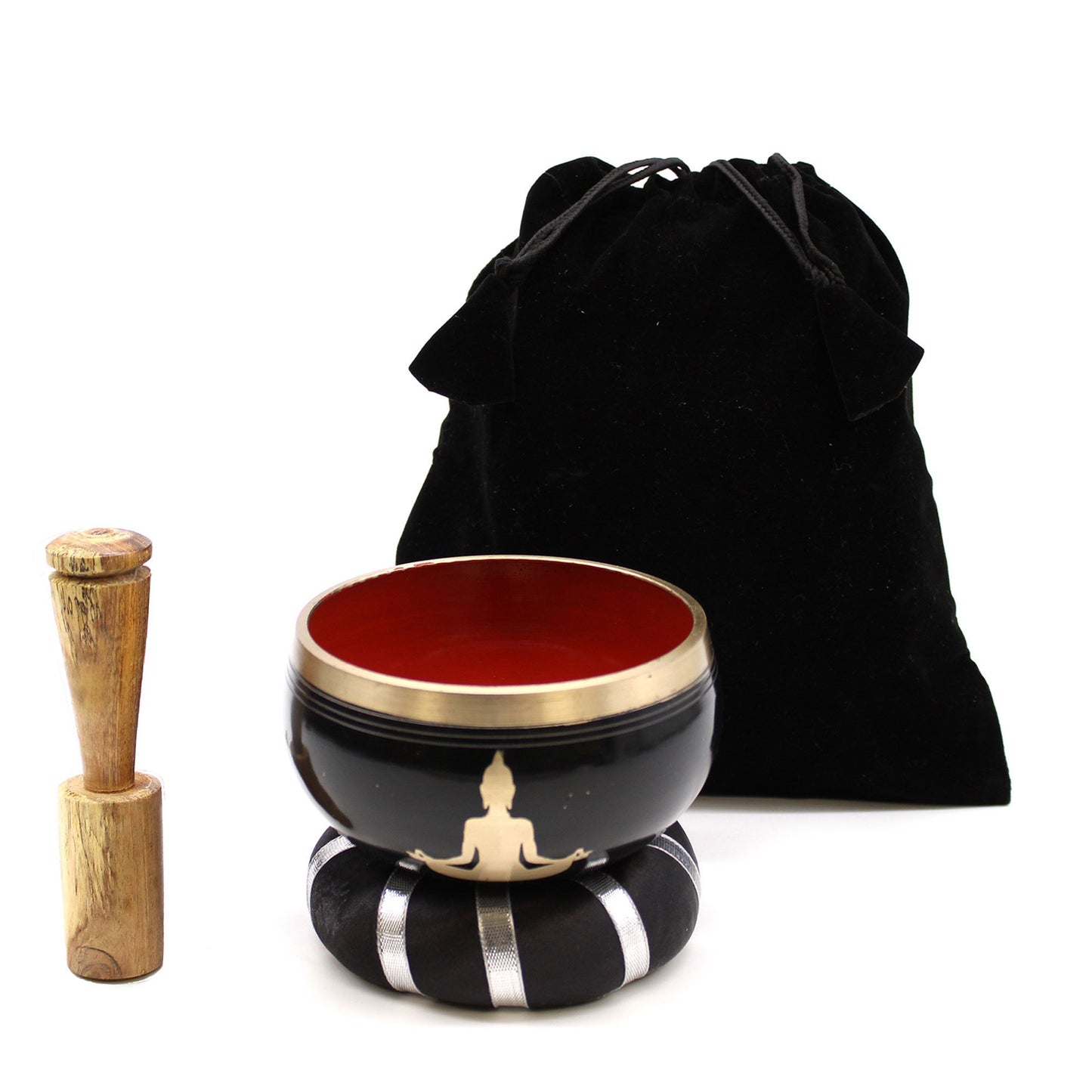 Klangschalen-Set Buddha in Schwarz mit Orange - 10,7 cm, inklusive Holzschlägel