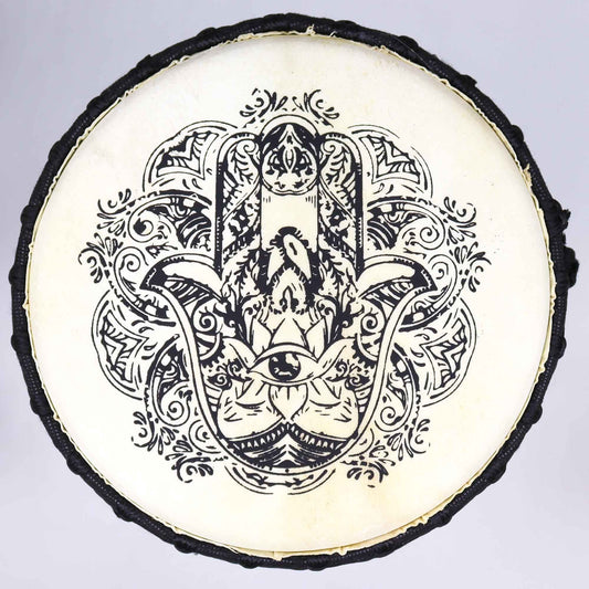 Handgefertigte Djembe mit Hamsa-Motiv – 50 cm Wide Top Trommel aus Suar-Holz