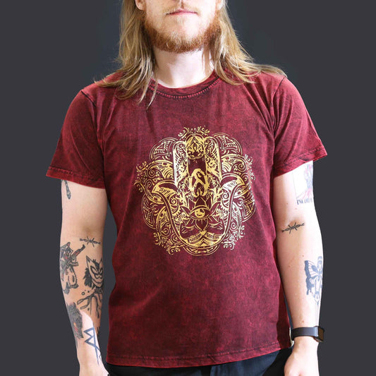 Hamsa T-Shirt in Maroon – Steinwäsche-Look mit Schutzsymbol