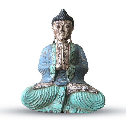 Welcome Buddha Statue in Blau-Mint - 40 cm Handgeschnitzt aus Suar-Holz