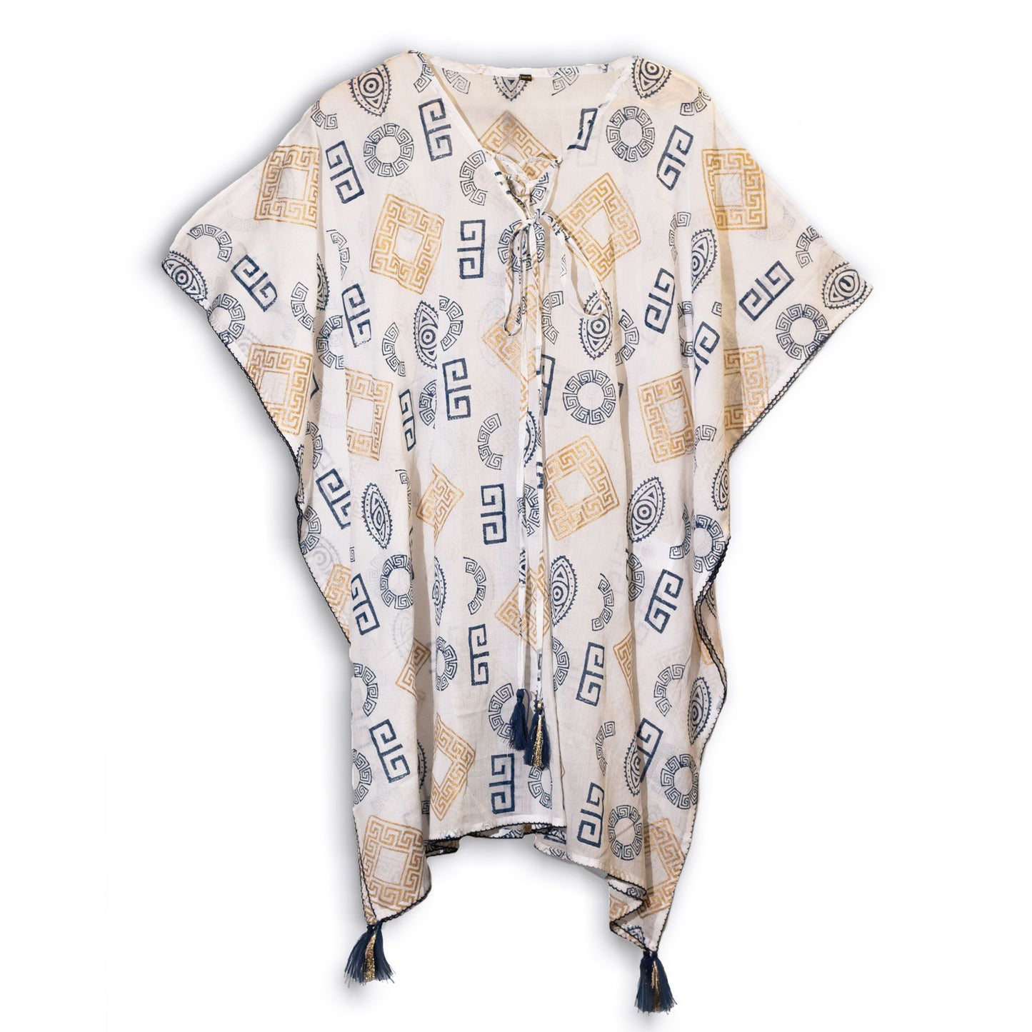 Handbemalter Kaftan mit griechischem Muster in Gold & Blau – Ein Unikat aus reiner Baumwolle