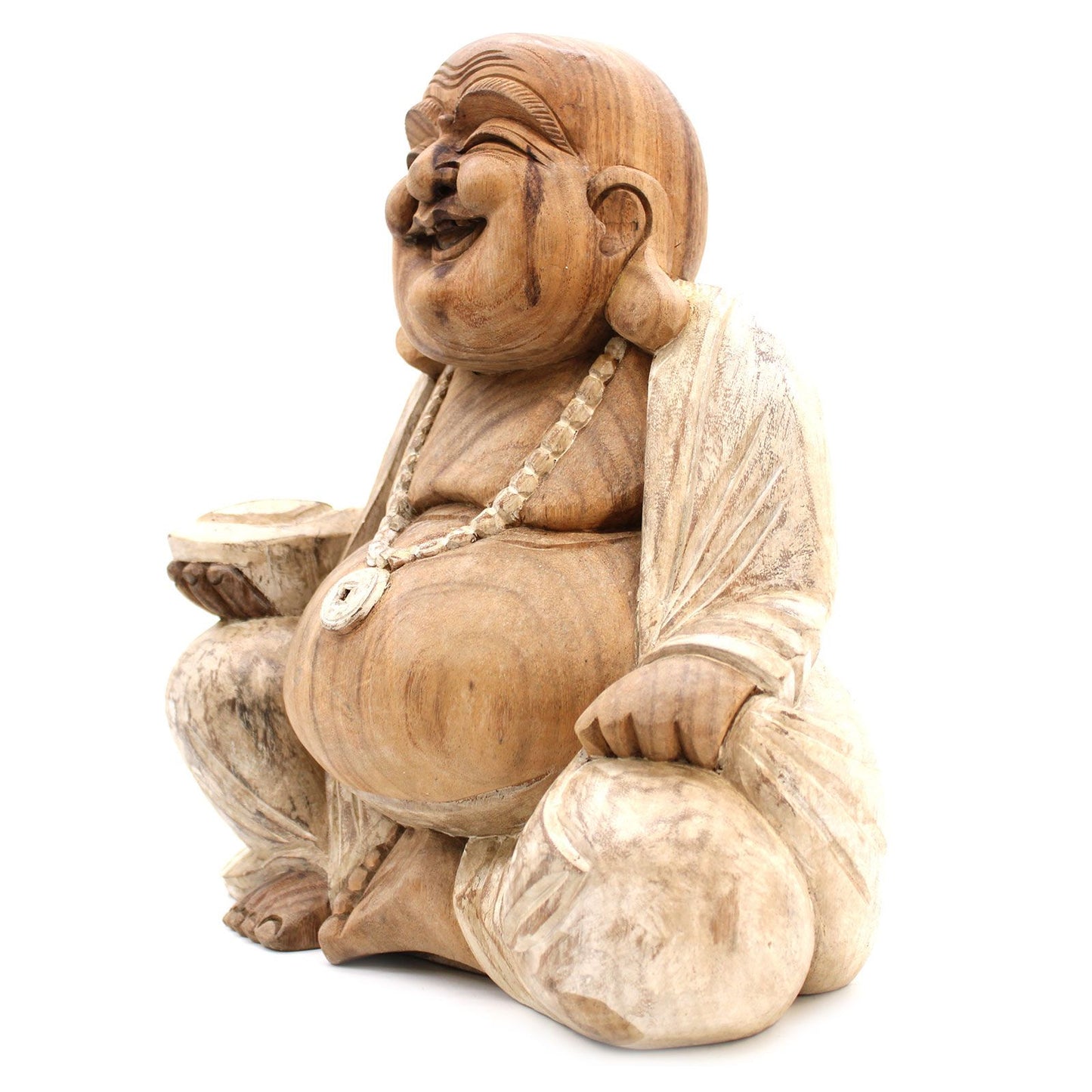 Glücks-Buddha Statue 40 cm – Handgeschnitzt aus Suarholz mit Weißton-Patina