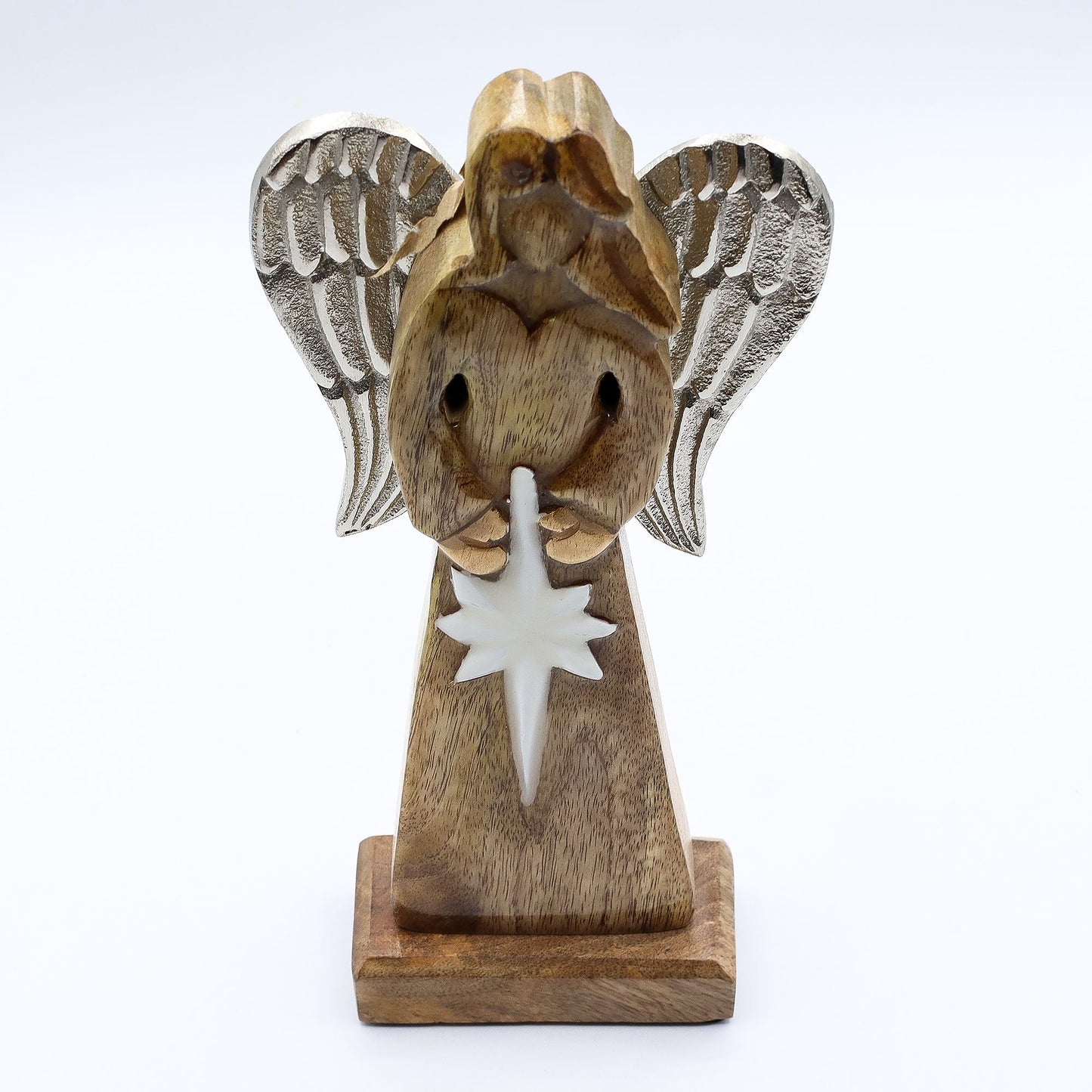 Friedensengel aus Mango-Holz mit Metallflügeln und Emaille-Stern