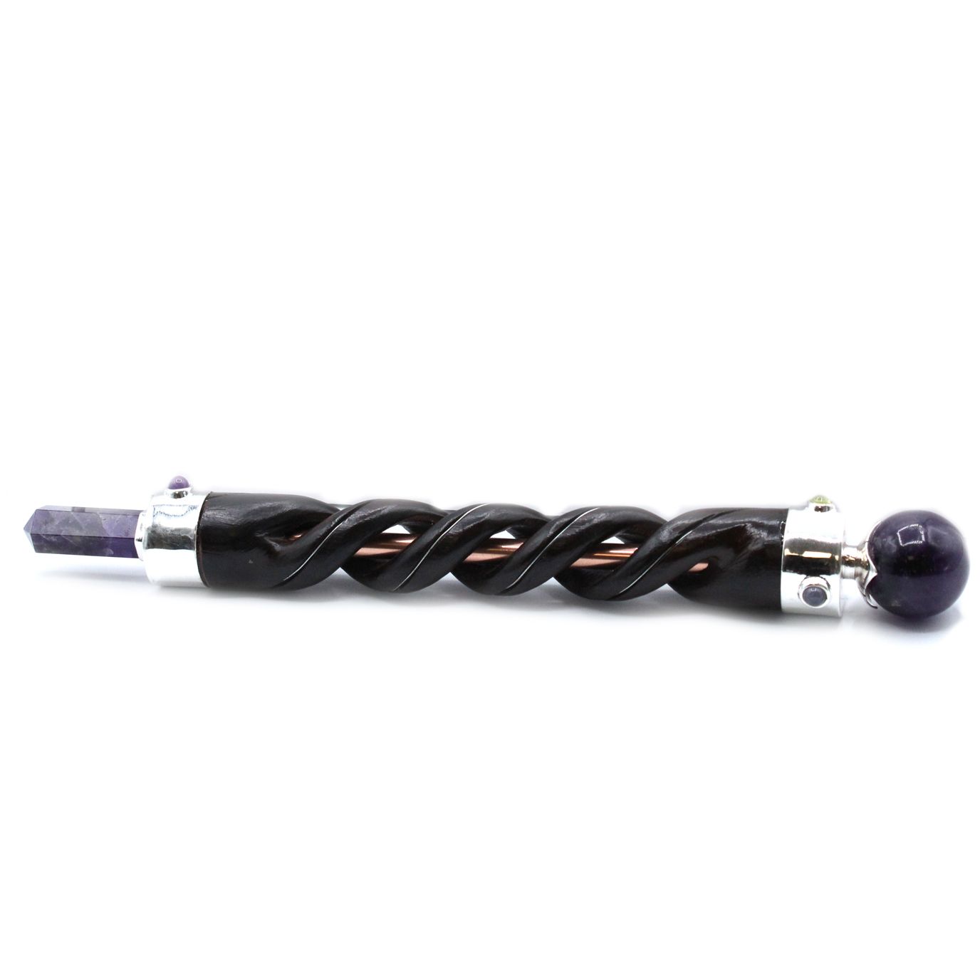 Handgefertigter Heilstab aus Kupfer & Teakholz mit Amethyst - Spirale Gravur