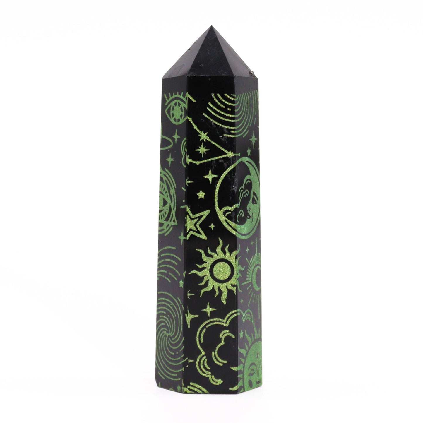 Obsidian-Obelisk 'Forest Green' mit Mond- und Sternengravur – Mystic Story