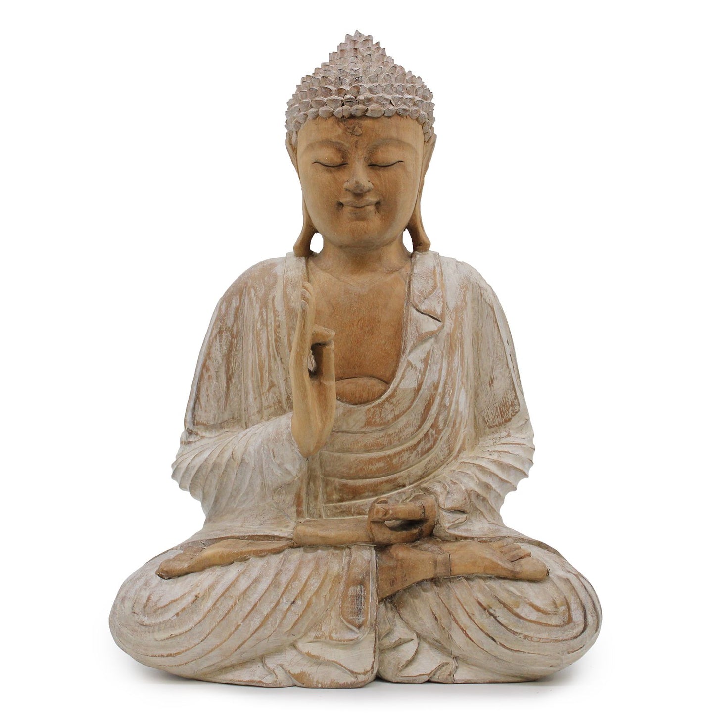 Handgeschnitzte Buddha Statue aus Suarholz - Weiß gebleicht, 40 cm