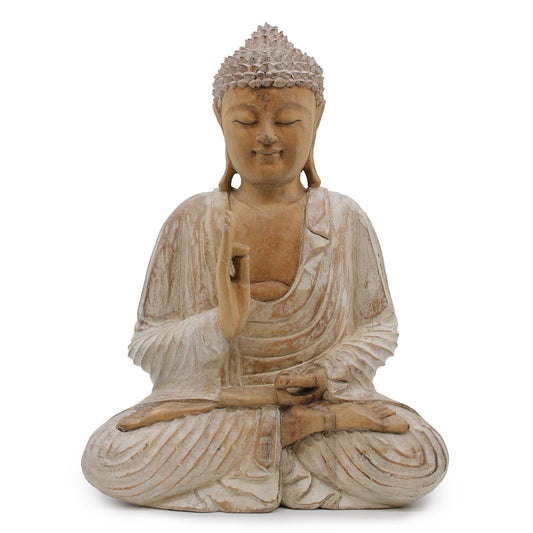Handgeschnitzte Buddha Statue aus Suarholz - Weiß gebleicht, 40 cm