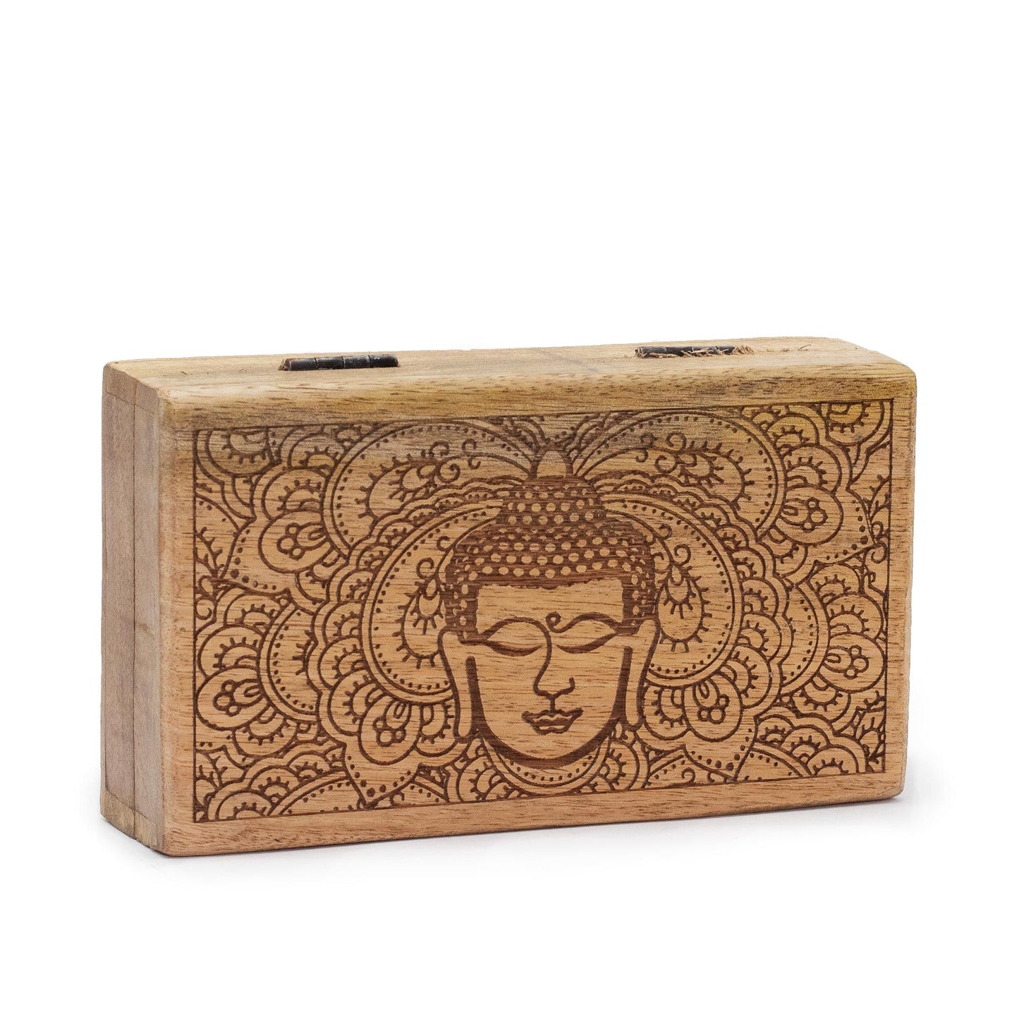 Aufbewahrungsbox 'Buddha-Gesicht' aus Mangoholz - Handgraviert in Schwarz, 17x10x4,2 cm
