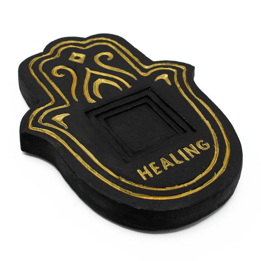 Räucherplatte 'Healing' in Schwarz-Gold mit Lavastein-Optik