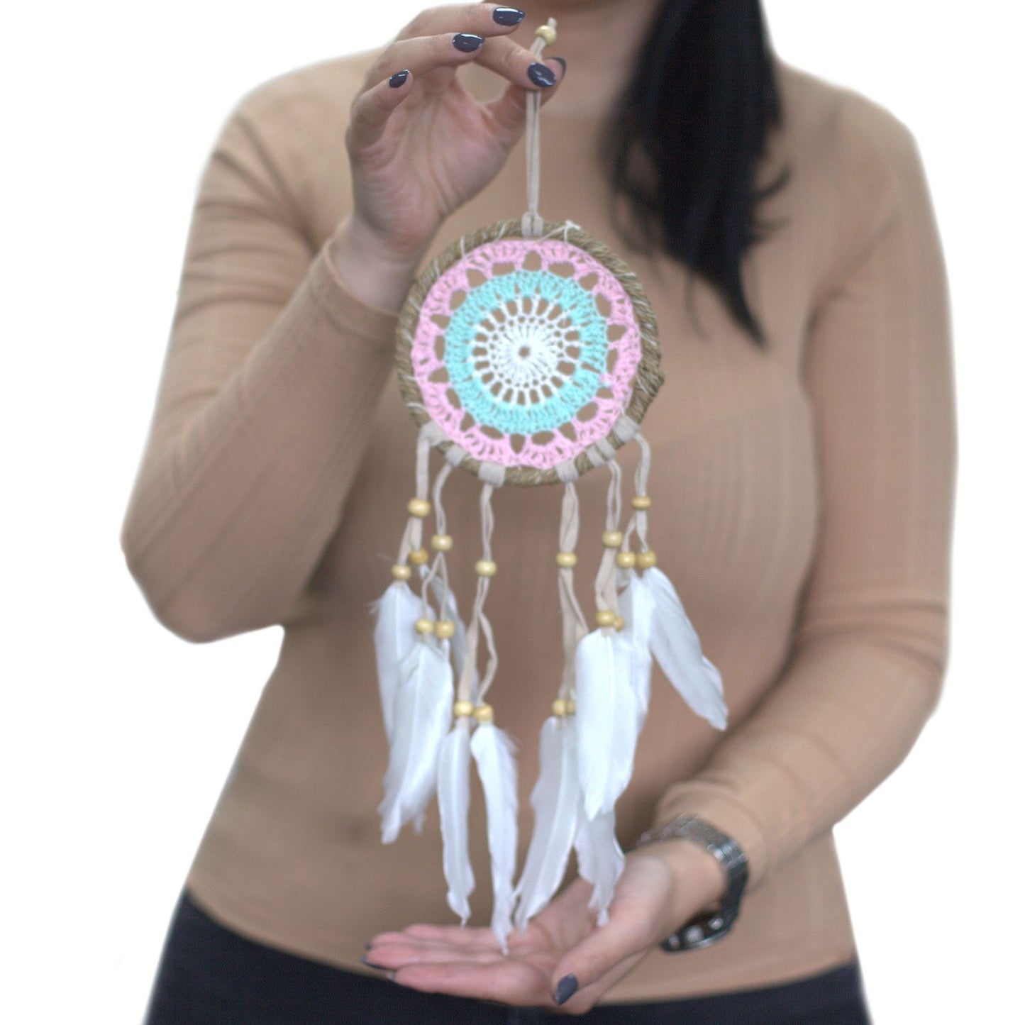 Set mit 6 handgeknüpften Traumfängern in Pastellrosa - 12 cm mit Federn