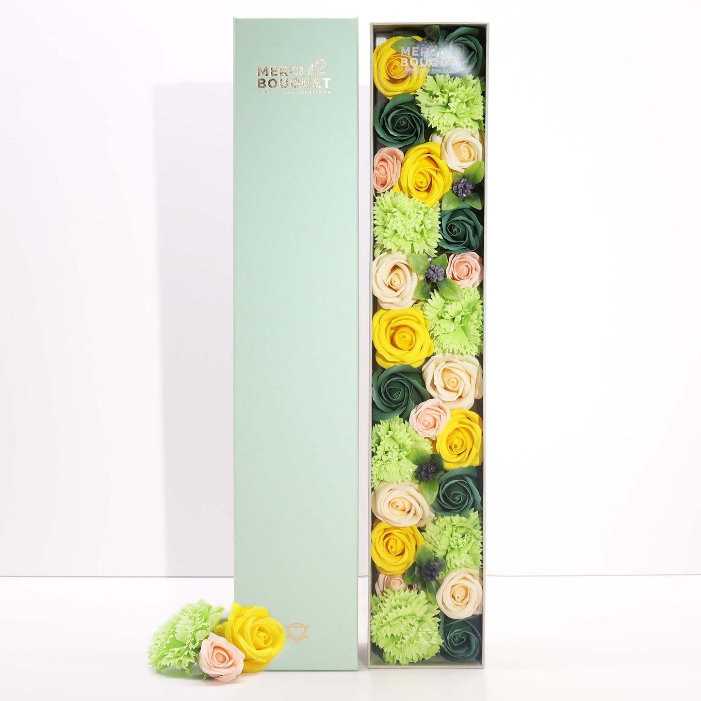 Geschenkbox 'Frühlingserwachen' mit Seifenblumen – Extra Lang in Gelb & Grün