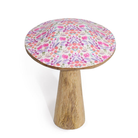 Dekopilz aus Mangoholz mit Blütenmuster - 15 cm, handbemalt