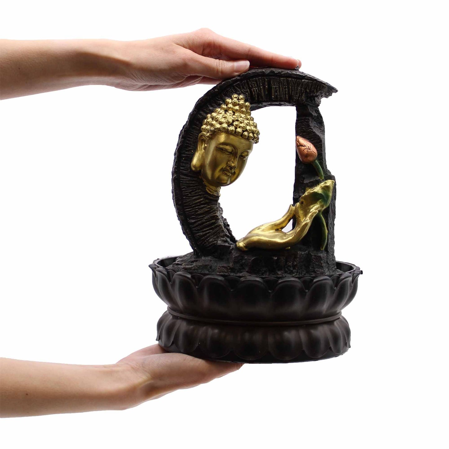 Goldener Buddha Lotus Tischbrunnen mit LED - 30 cm Feng Shui Wasserspiel